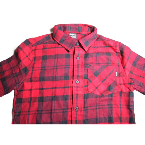 Hurley Boy's Flannel Plaid Button Down Shirt Size Medium (10/12) Red and Black - Picture 1 of 8